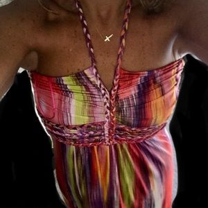 CYNTHIA ROWLEY Halter Maxi Dress, Large Red Yellow Purple Blue Green Orange